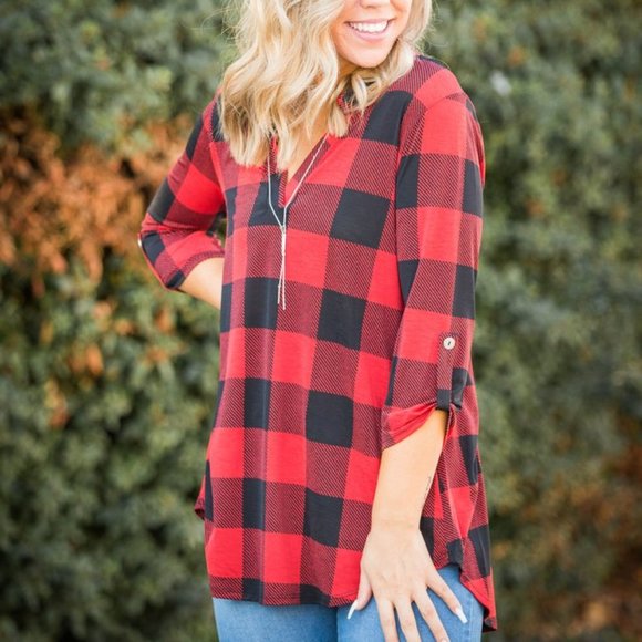 NWT HoneyMe Buffalo Plaid Checkered Red & Black Tunic Small - Picture 2 of 15